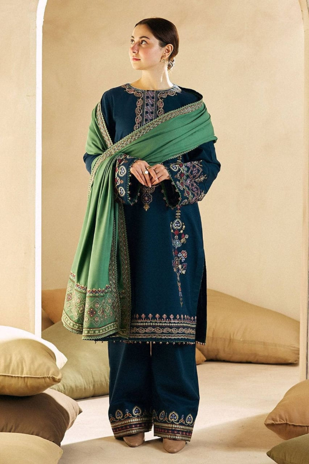 Coco Peacock Blue Suit - Embroidered Khaddar Linen Unstitched 3-Piece Suit