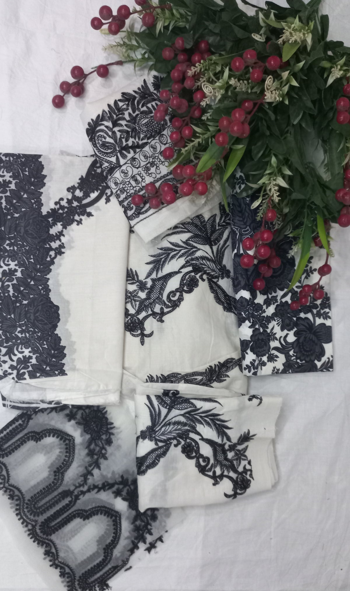 White Black Cotton Lawn Festive Suit-Unstitched