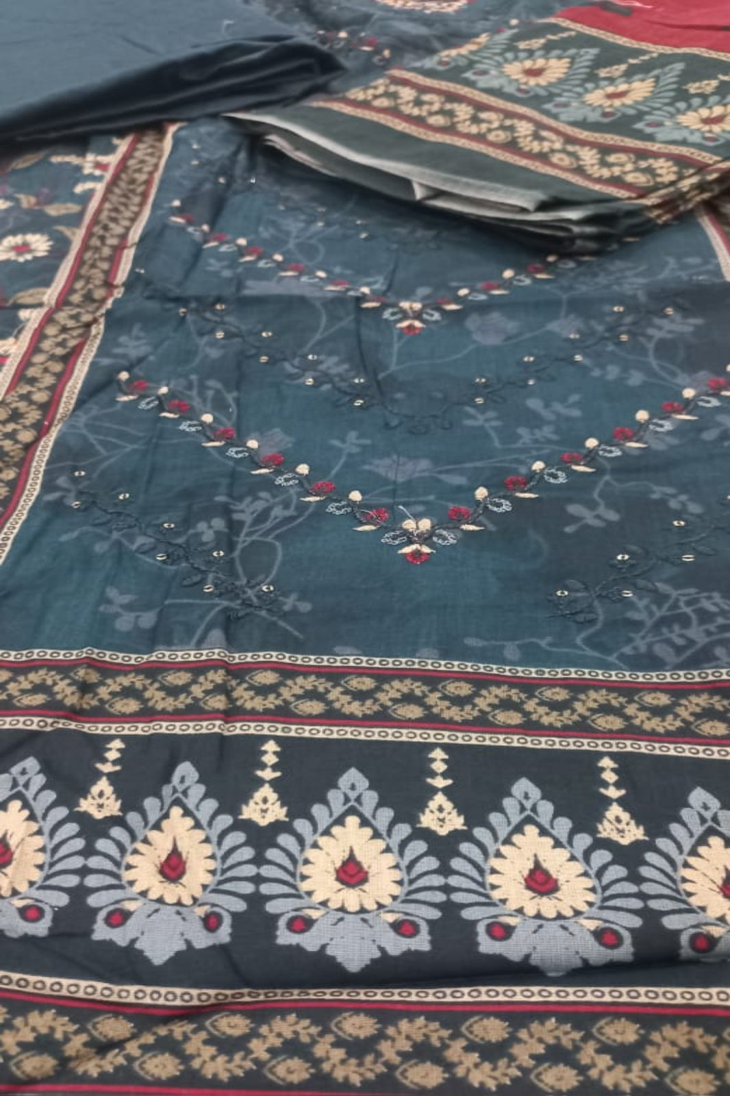 Al-Zohaib Teal & Brown Suit-Unstitched