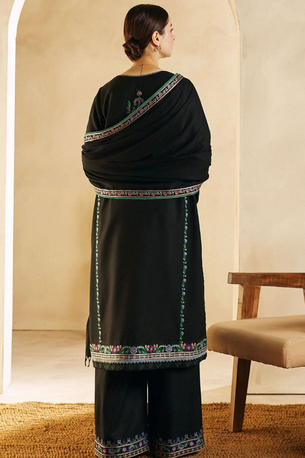 Coco Black Suit - Embroidered Khaddar Linen Unstitched 3-Piece Suit
