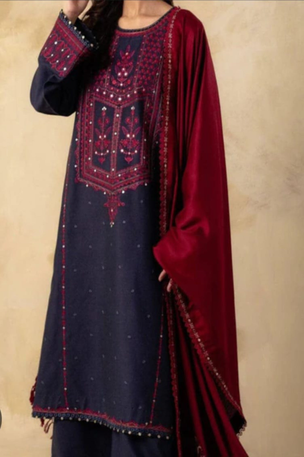 Coco Dark-Blue-Red- Suit - Embroidered Khaddar Linen Unstitched 3-Piece Suit