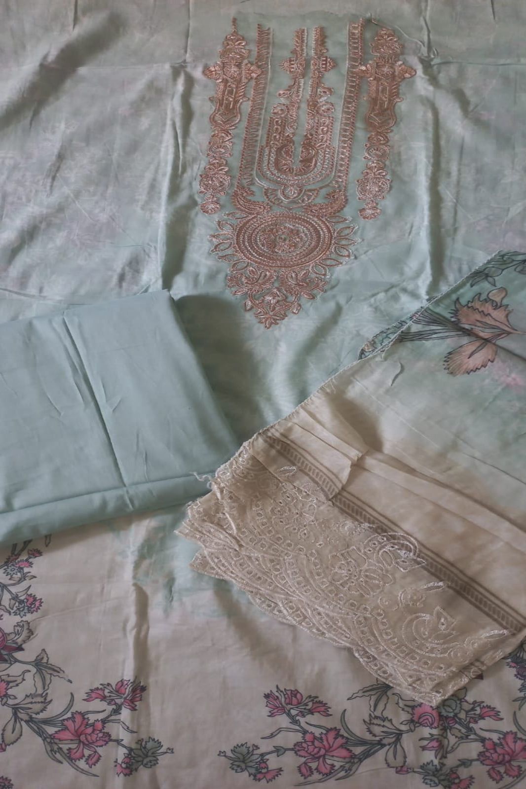 Cosmos Wonder Light Sea Green Unstitched Suit - Sabina's Designer Hub"