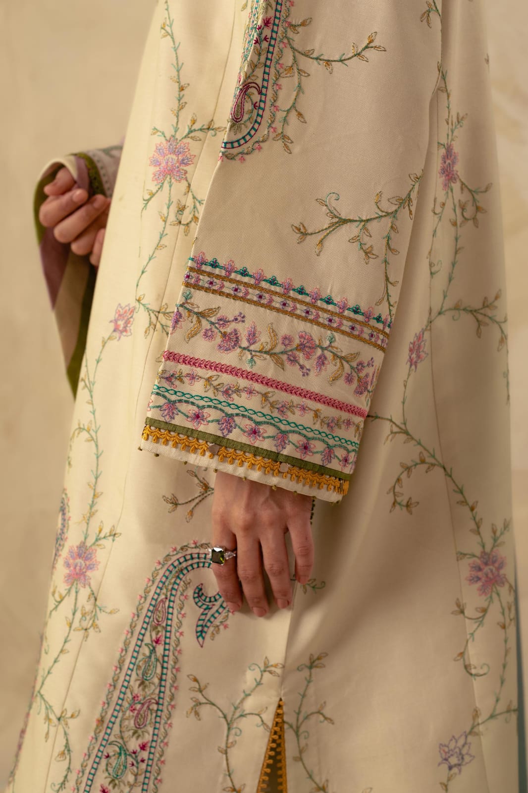 Coco Beige Suit - Embroidered Khaddar Linen Unstitched 3-Piece Suit
