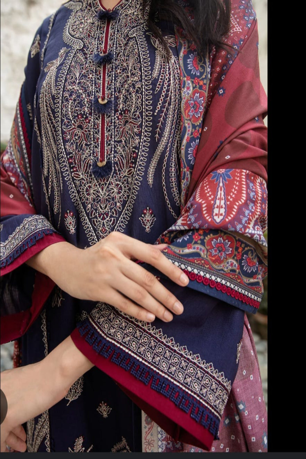 Coco Royal Blue Suit - Embroidered Khaddar Linen Unstitched 3-Piece Suit