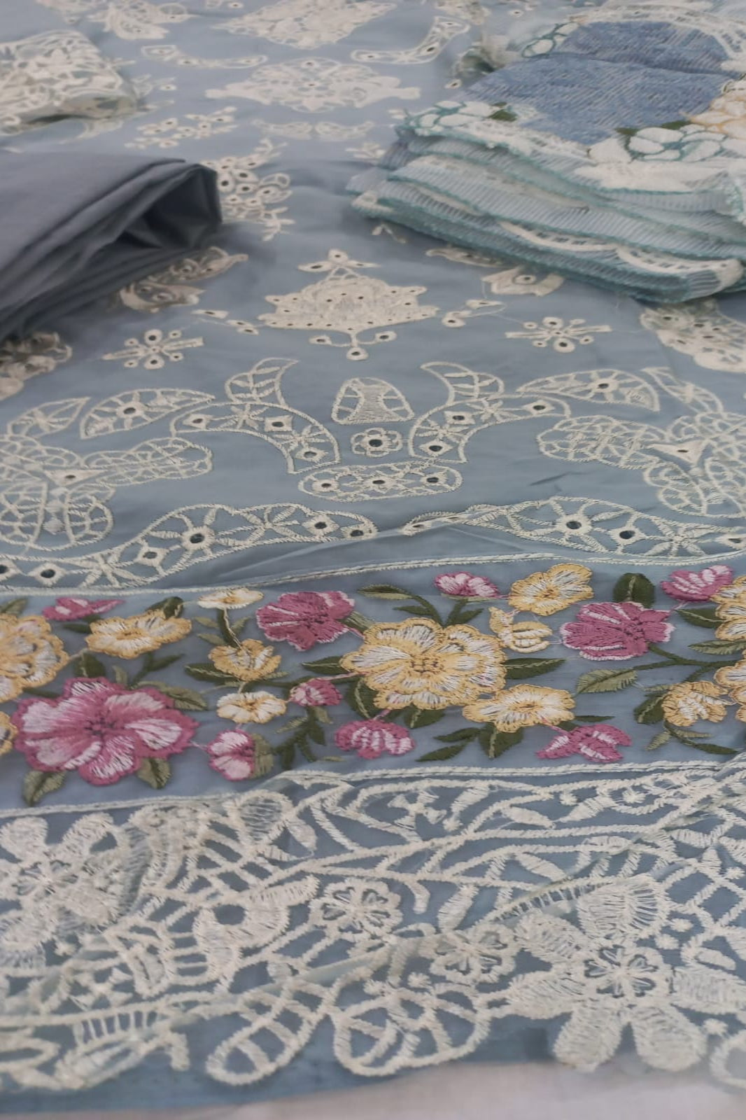 Ombre premium ice blue suit with cotton lawn bottom