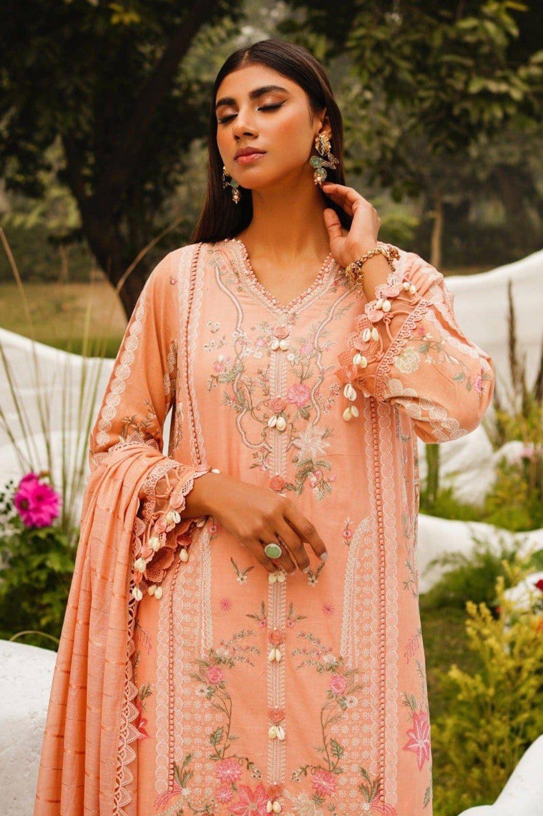 Sana Safinaz dark peach embroidered lawn unstitched 3-piece suit with organza border and stripe jacquard dupatta