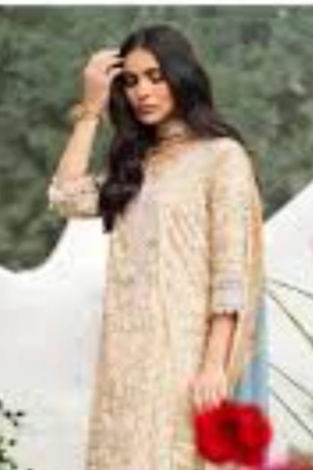 "Sana Safinaz beige gold printed lawn unstitched 3-piece suit with embroidered organza neck and chiffon dupatta"