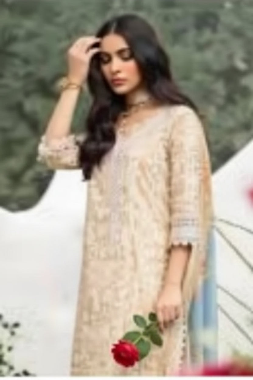 "Sana Safinaz beige gold printed lawn unstitched 3-piece suit with embroidered organza neck and chiffon dupatta"