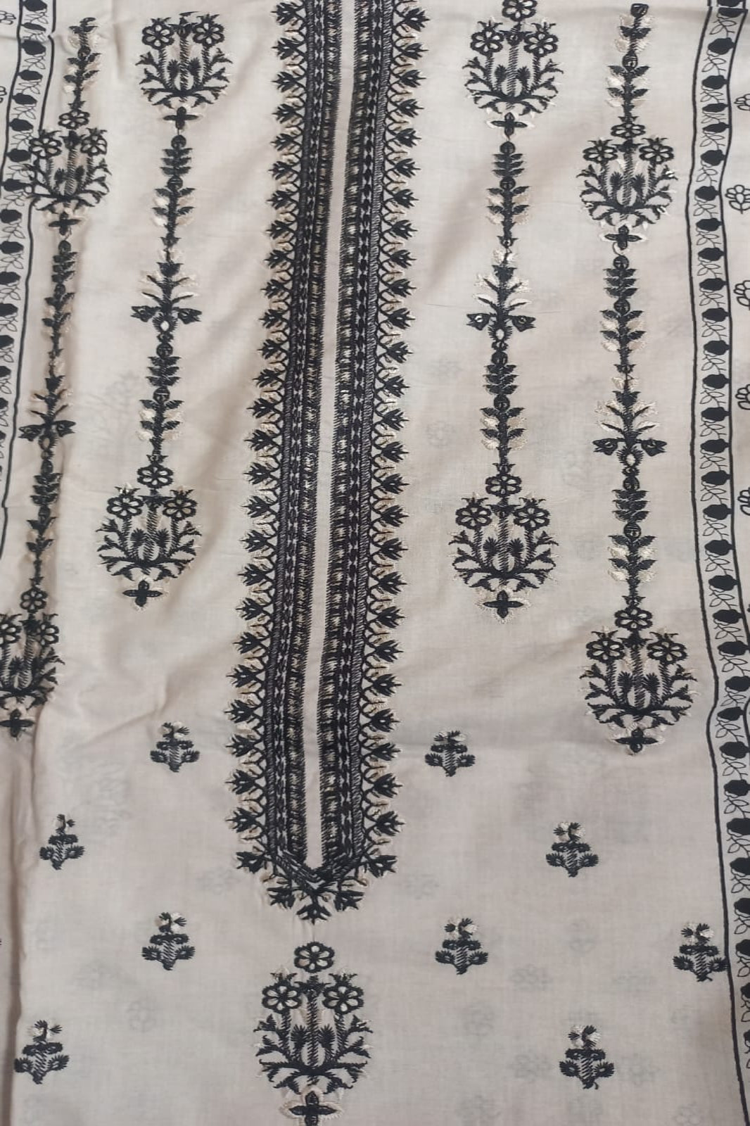 White and black cotton lawn unstitched suit with self-embroidery