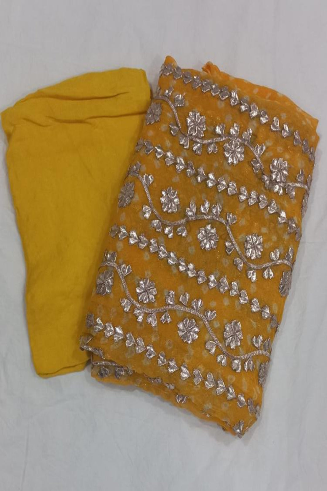 Yellow gotta patti 3-piece unstitched suit - complete set with shantoon bottom