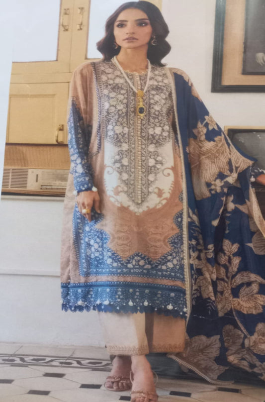 AlZohaib Cream Blue Suit-Unstitched