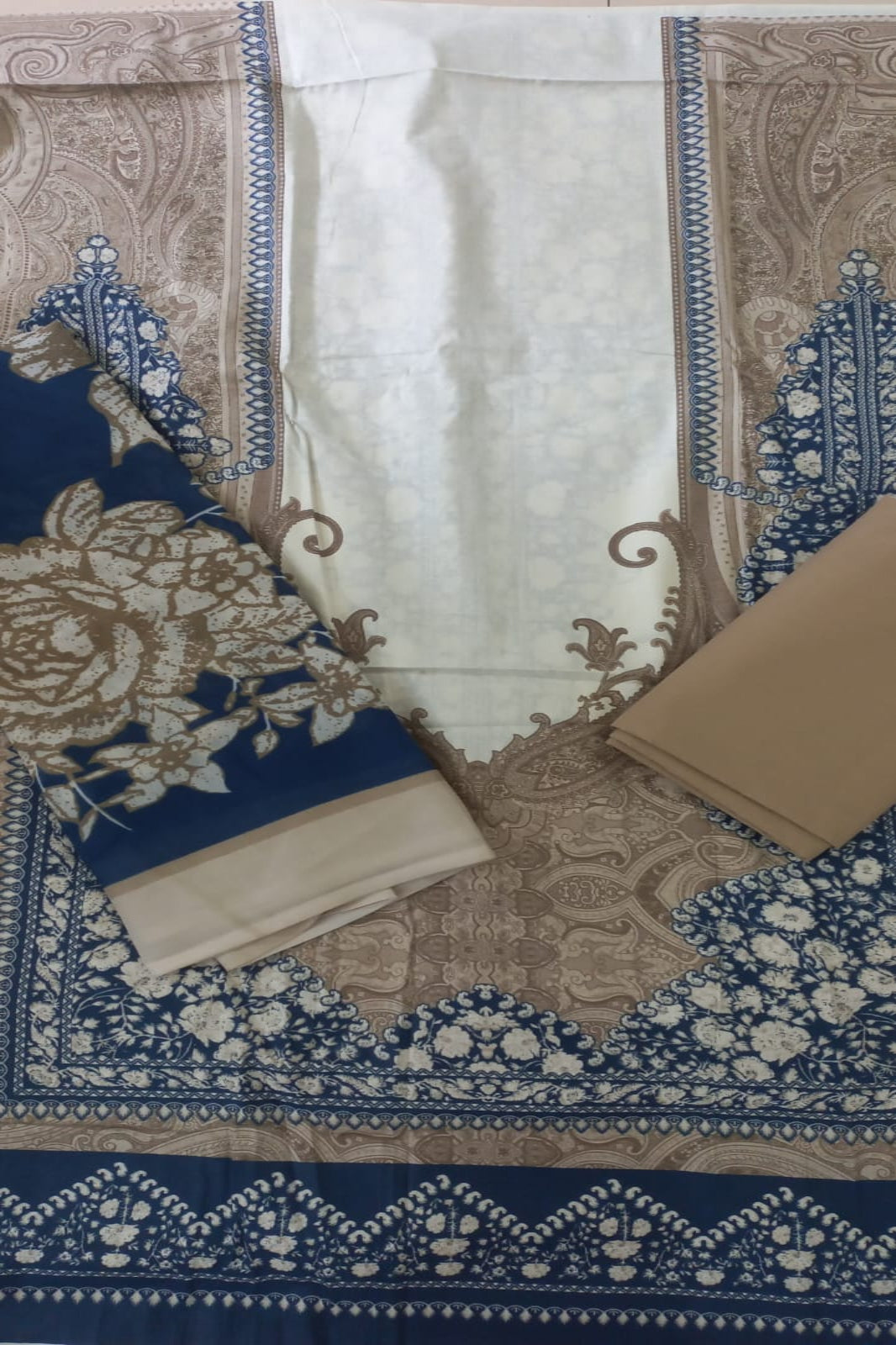 AlZohaib Cream Blue Suit-Unstitched