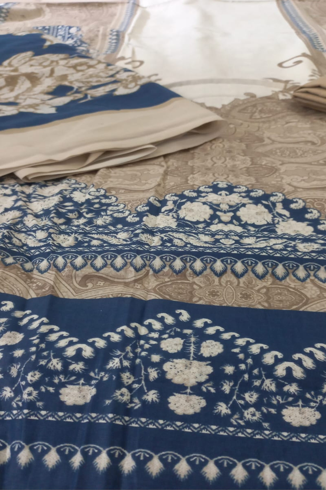 AlZohaib Cream Blue Suit-Unstitched