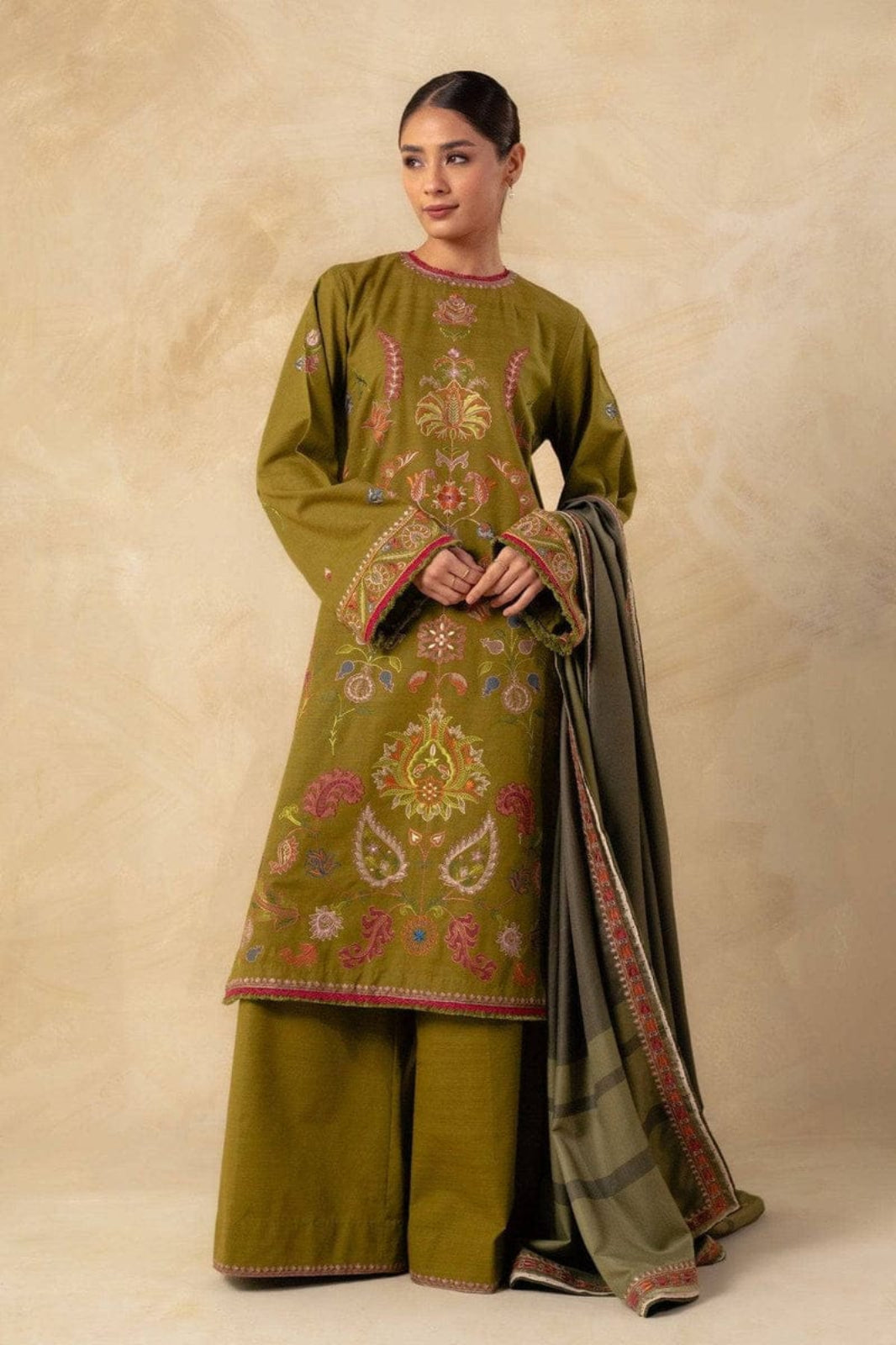 Coco-Olive-Green-Embroidered_Khaddar_LInen-Unstitched-3-Piece-Suit