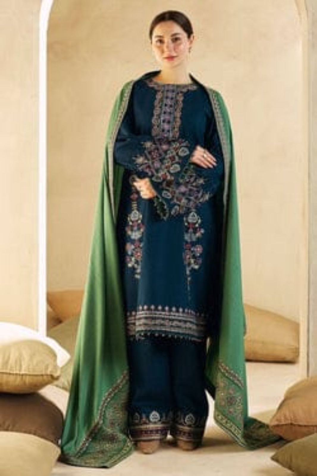 Coco Peacock Blue Suit - Embroidered Khaddar Linen Unstitched 3-Piece Suit
