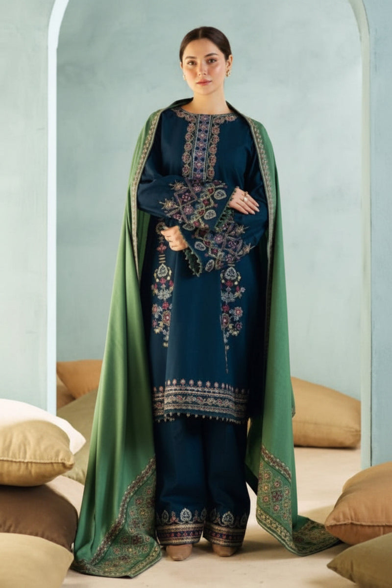 Coco Peacock Blue Suit - Embroidered Khaddar Linen Unstitched 3-Piece Suit
