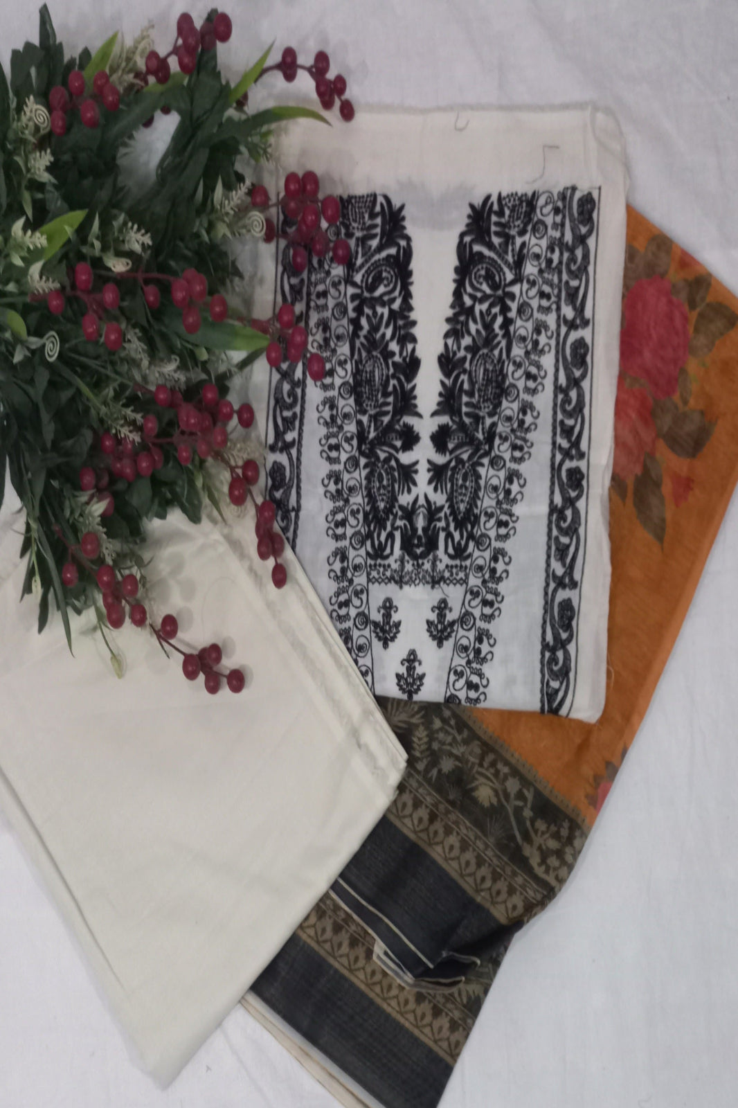 White Black  Cotton Lawn Festive Suit-Unstitched