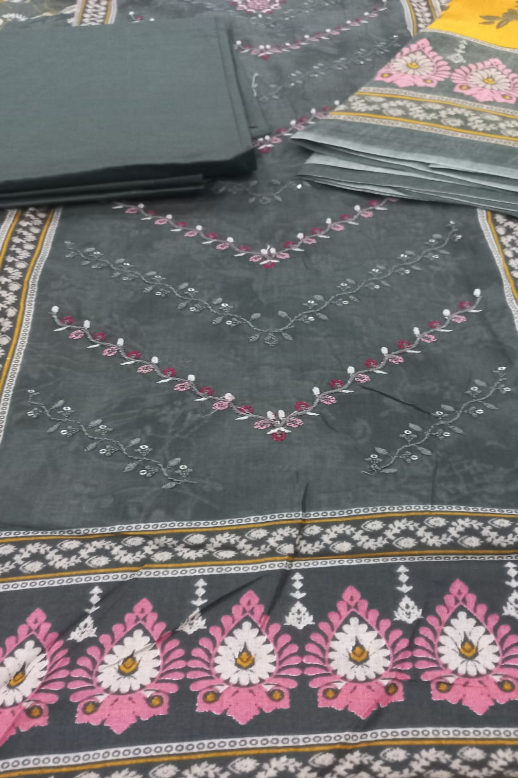 Al-Zohaib Dark Grey & Yellow Suit-Unstitched