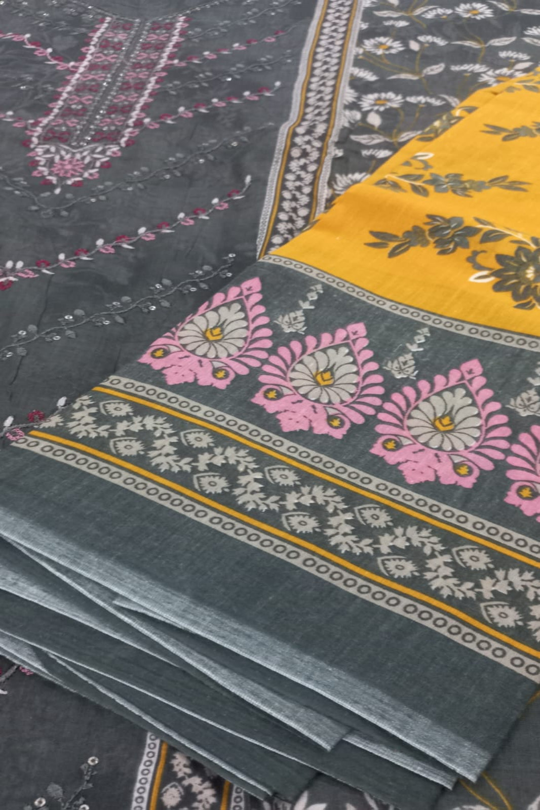 Al-Zohaib Dark Grey & Yellow Suit-Unstitched