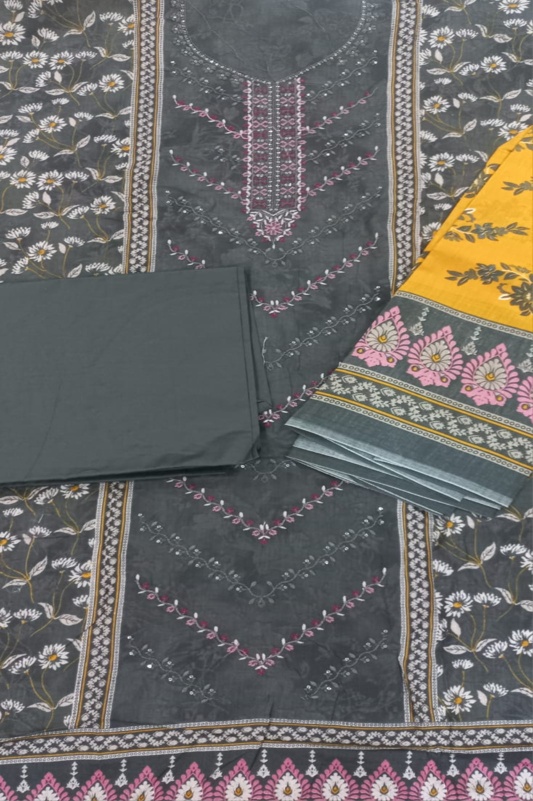 Al-Zohaib Dark Grey & Yellow Suit-Unstitched