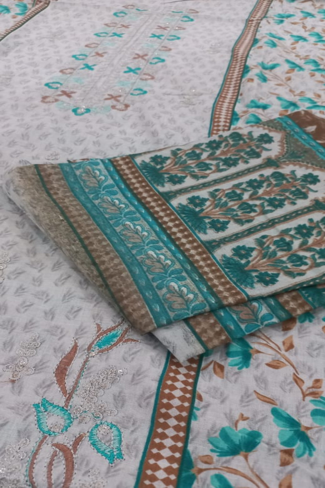 Al -Zohaib Light Teal Green & Brown Suit-Unstitched
