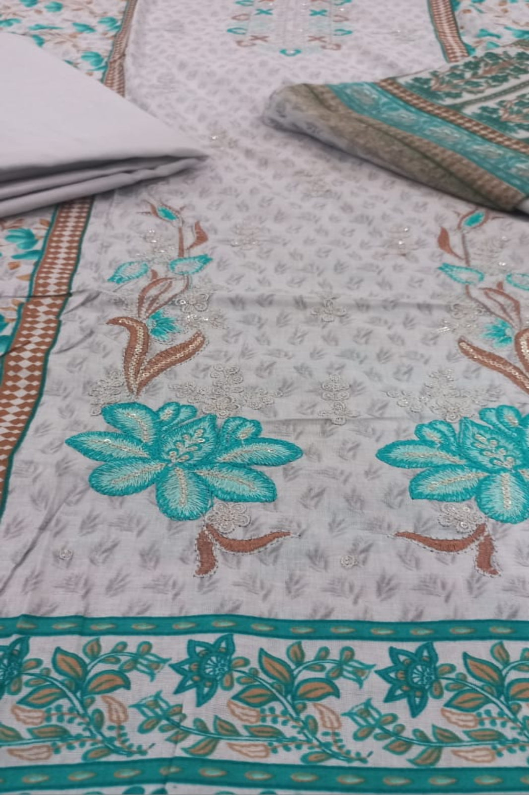 Al -Zohaib Light Teal Green & Brown Suit-Unstitched