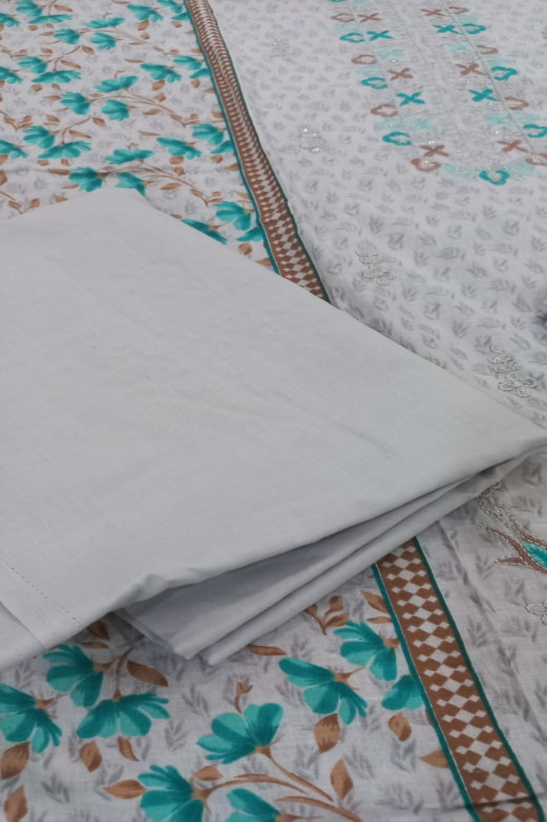 Al -Zohaib Light Teal Green & Brown Suit-Unstitched