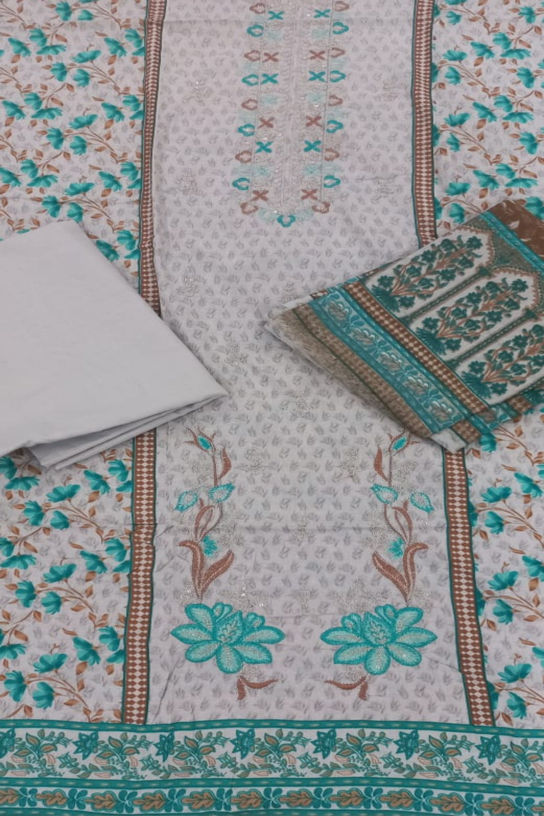 Al -Zohaib Light Teal Green & Brown Suit-Unstitched