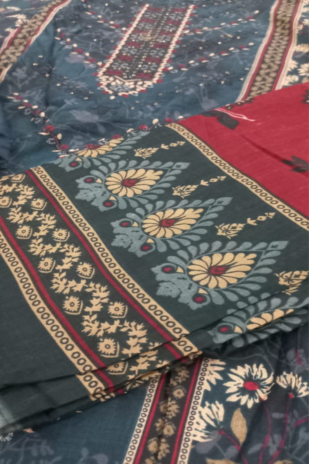 Al-Zohaib Teal & Brown Suit-Unstitched