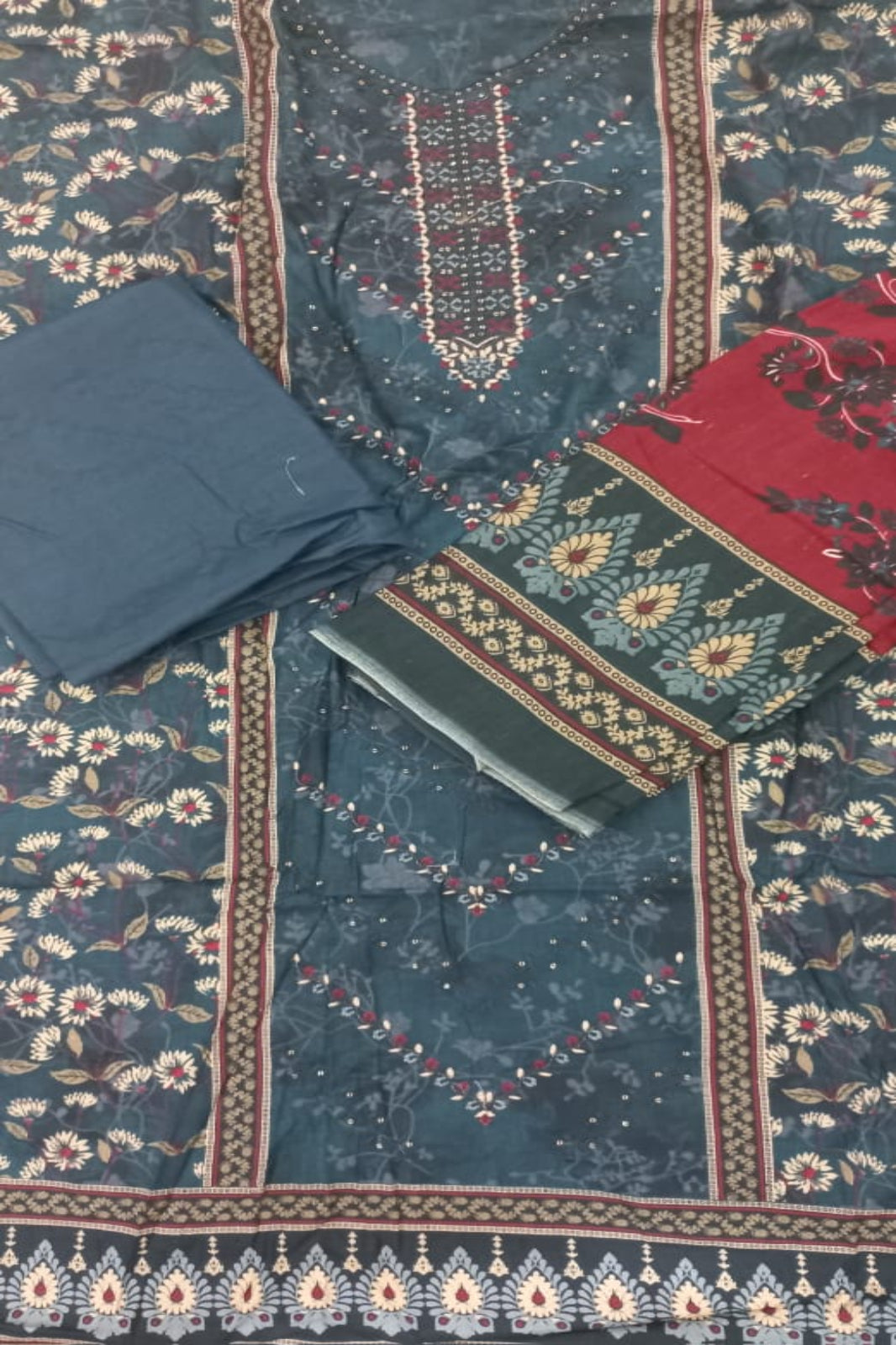 Al-Zohaib Teal & Brown Suit-Unstitched