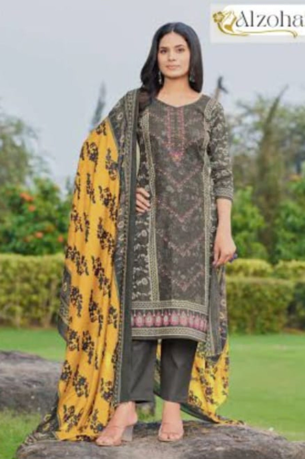Al-Zohaib Dark Grey & Yellow Suit-Unstitched
