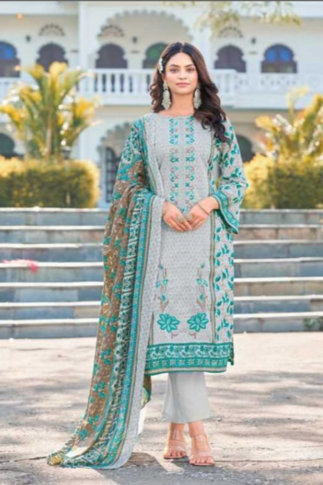 Al -Zohaib Light Teal Green & Brown Suit-Unstitched