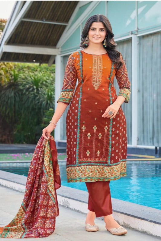 Al-Zohaib Rust & Brown Suit-Unstitched
