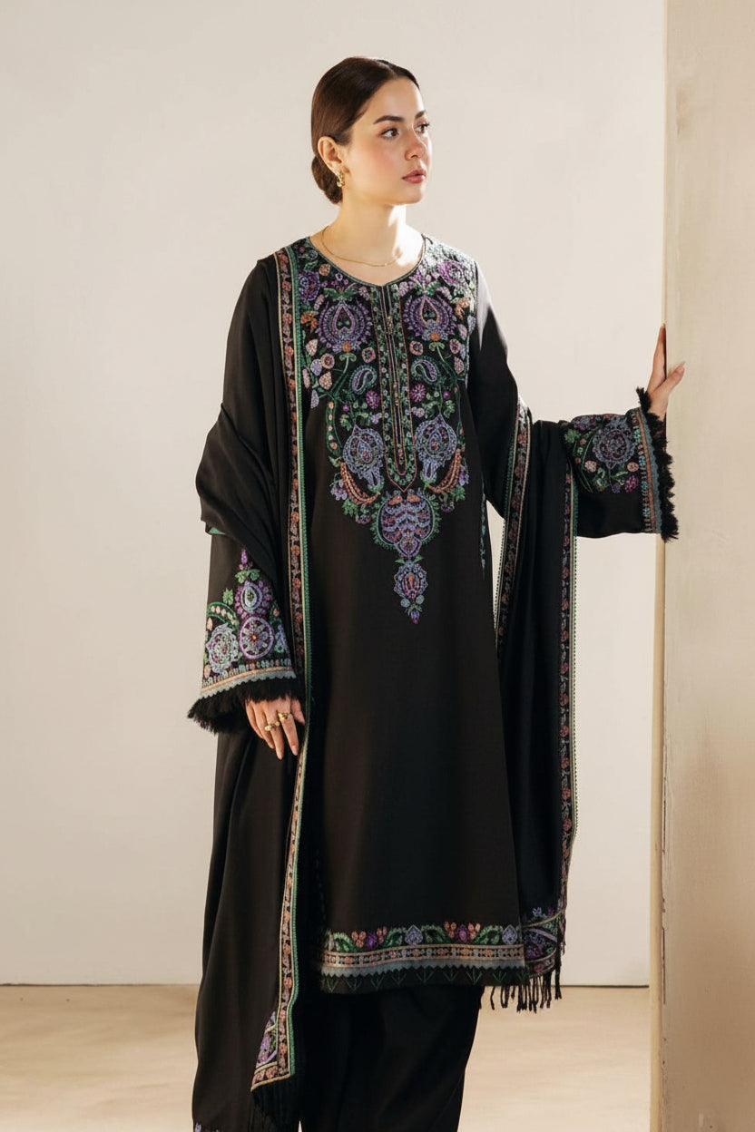 Coco Black Suit - Embroidered Khaddar Linen Unstitched 3-Piece Suit