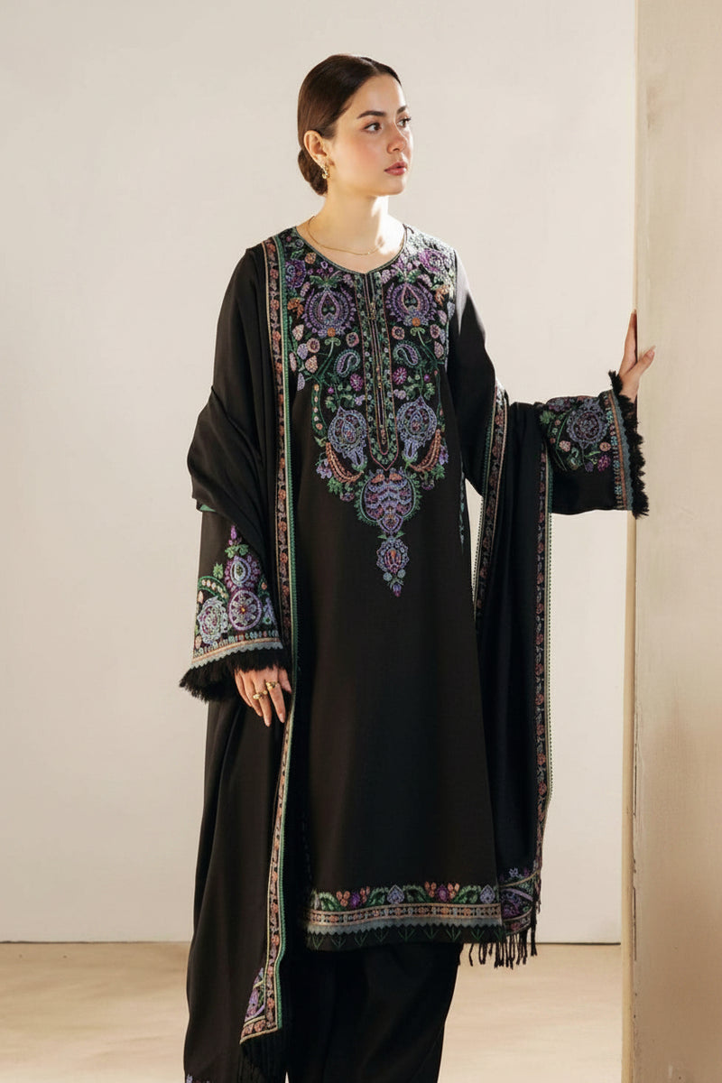 Coco Black Suit - Embroidered Khaddar Linen Unstitched 3-Piece Suit