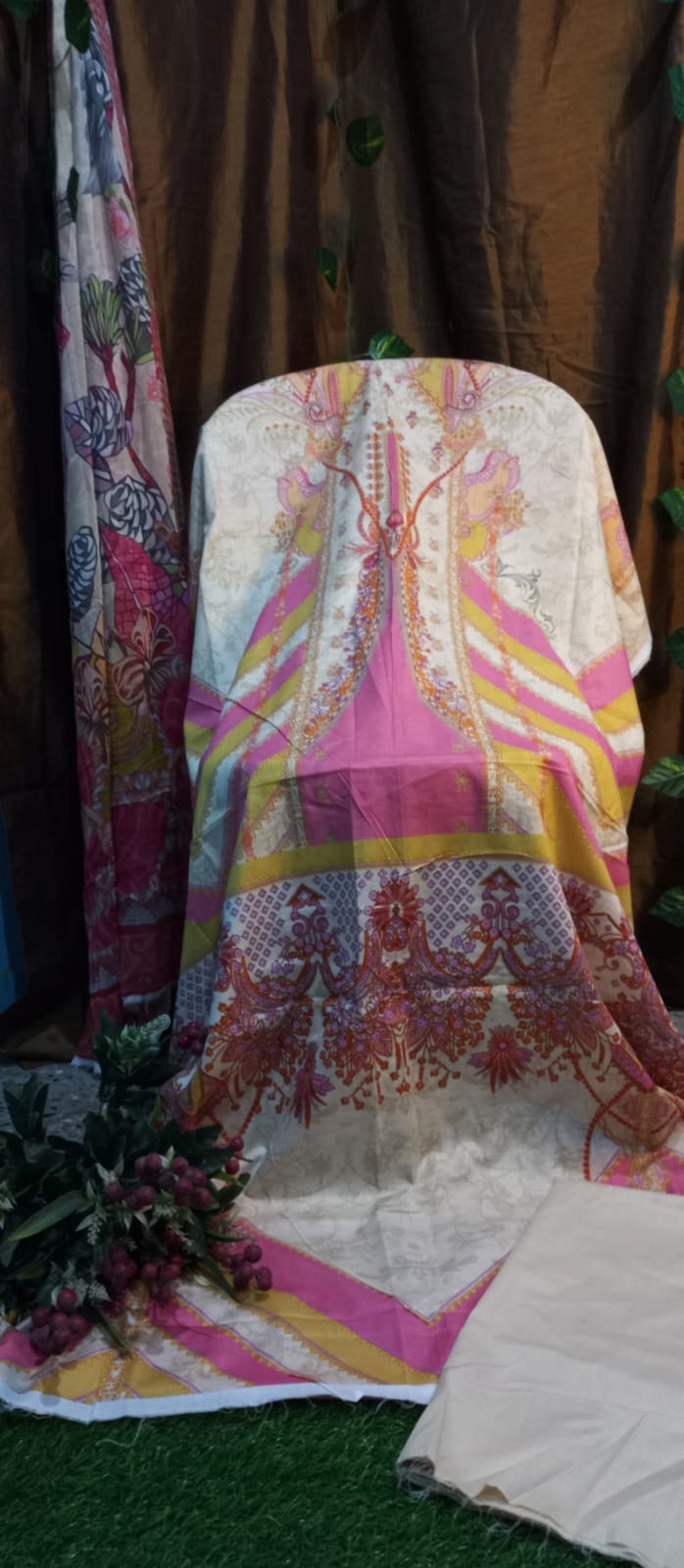 Office Wear Pink Yellow Suit-Unstitched