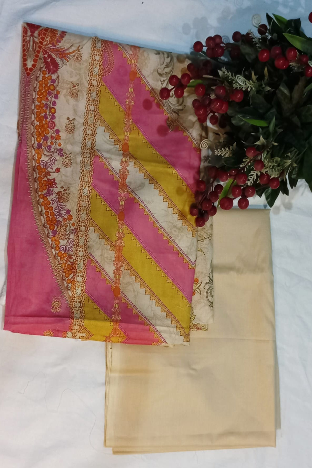 Office Wear Pink Yellow Suit-Unstitched