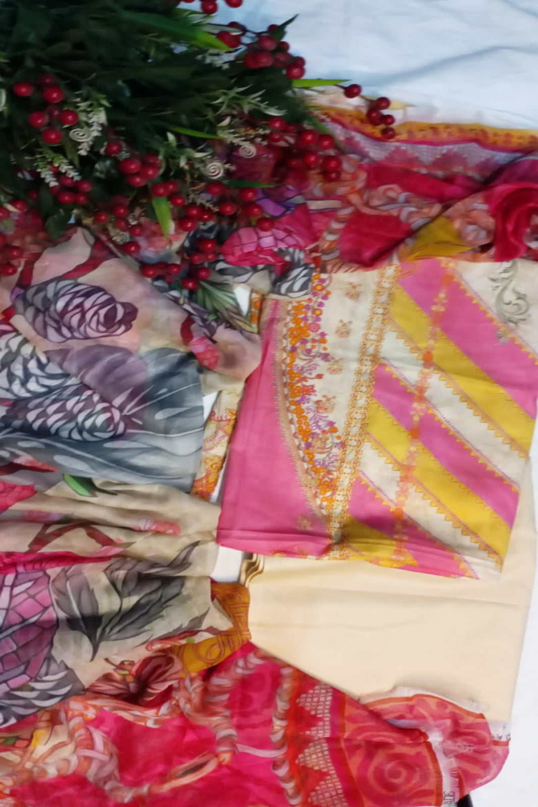 Office Wear Pink Yellow Suit-Unstitched