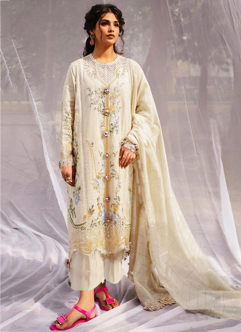 Sana Safinaz cream embroidered lawn unstitched 3-piece suit with organza border and jacquard dupatta"
