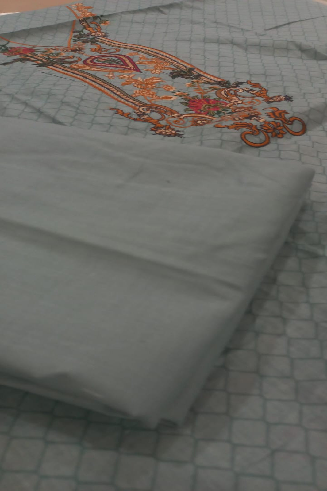 Firdous light blue cotton print suit with embroidery patches, daily wear unstitched dress material