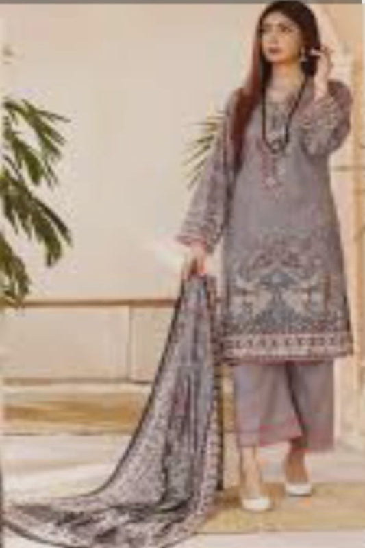 Firdous grey unstitched suit with pure cotton print and self-embroidery