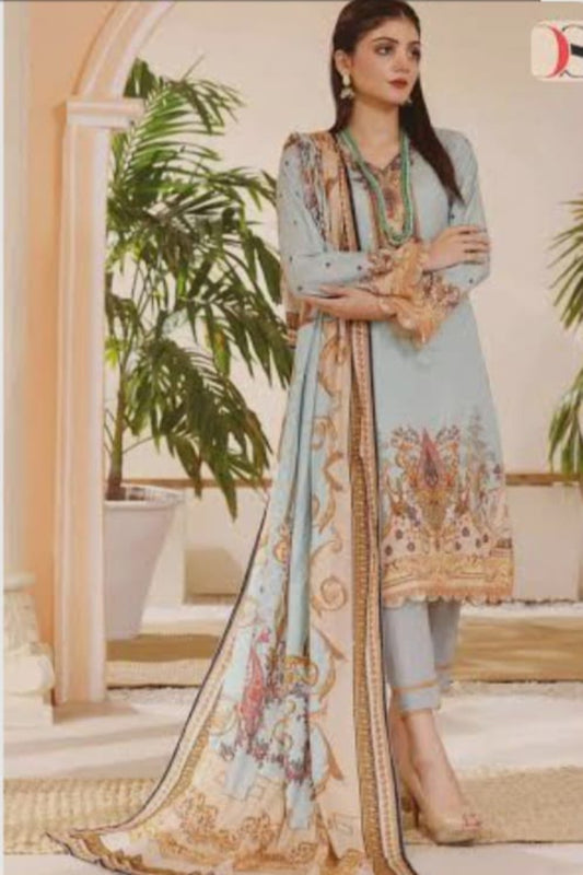 Firdous light blue unstitched suit with pure cotton print and self-embroidery