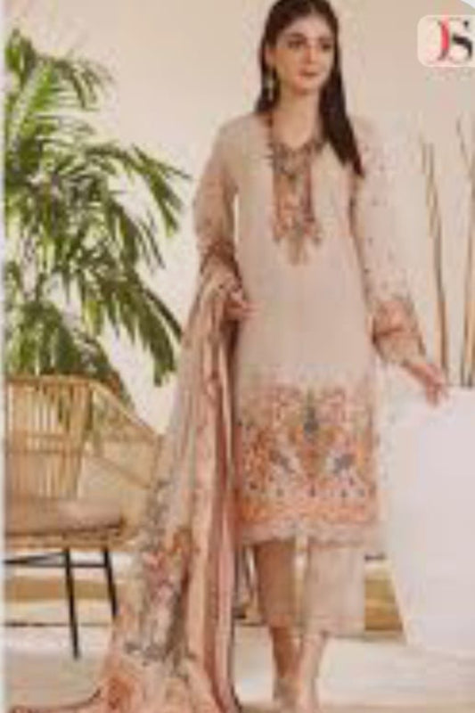 Firdous beige unstitched suit with pure cotton print and self-embroidery