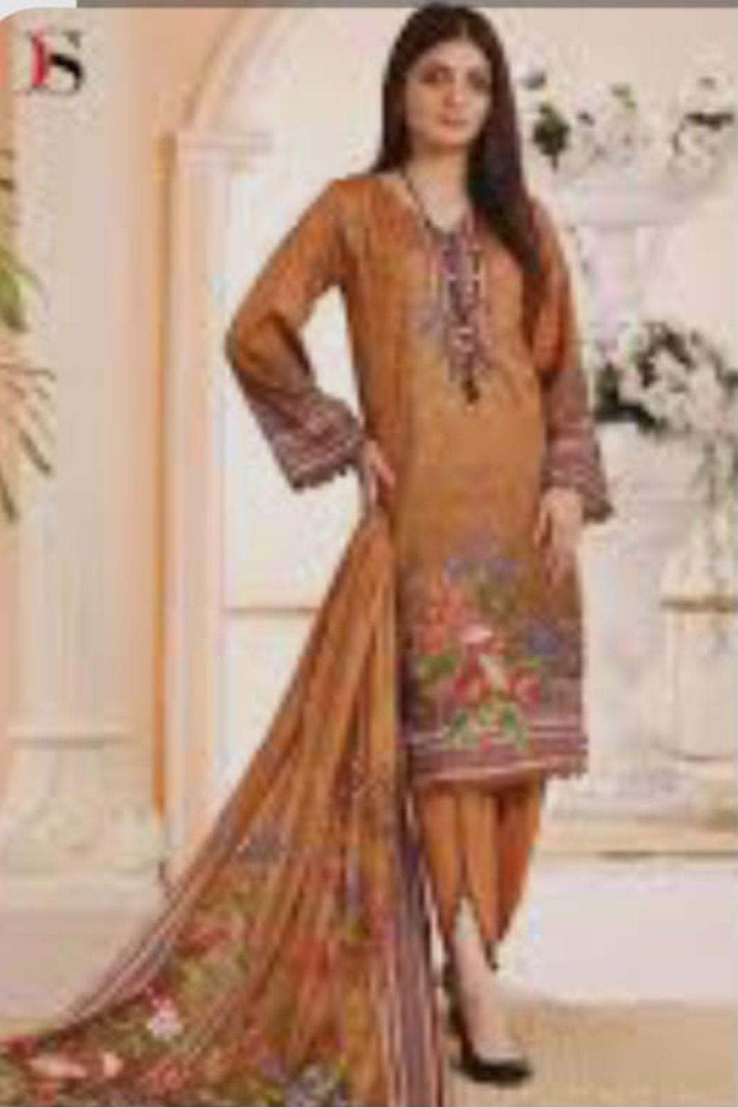 Firdous brown unstitched suit with pure cotton print and self-embroidery