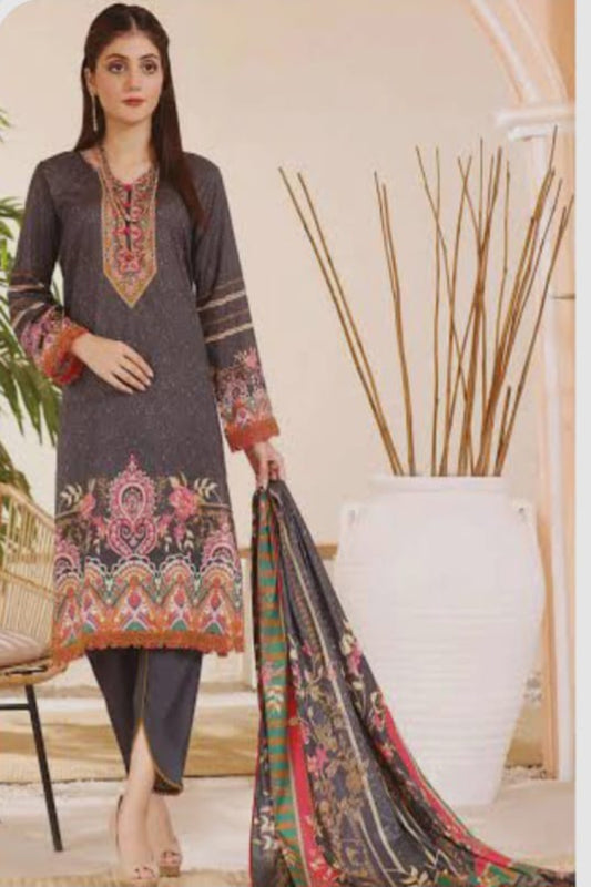 Firdous dark green unstitched suit with pure cotton print and self-embroidery