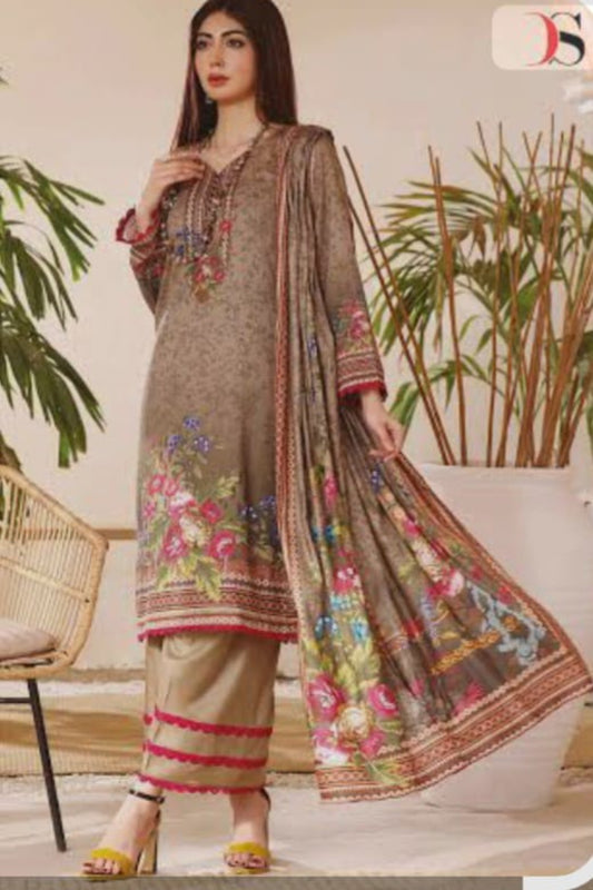 Firdous green and pink unstitched suit with pure cotton print and self-embroidery