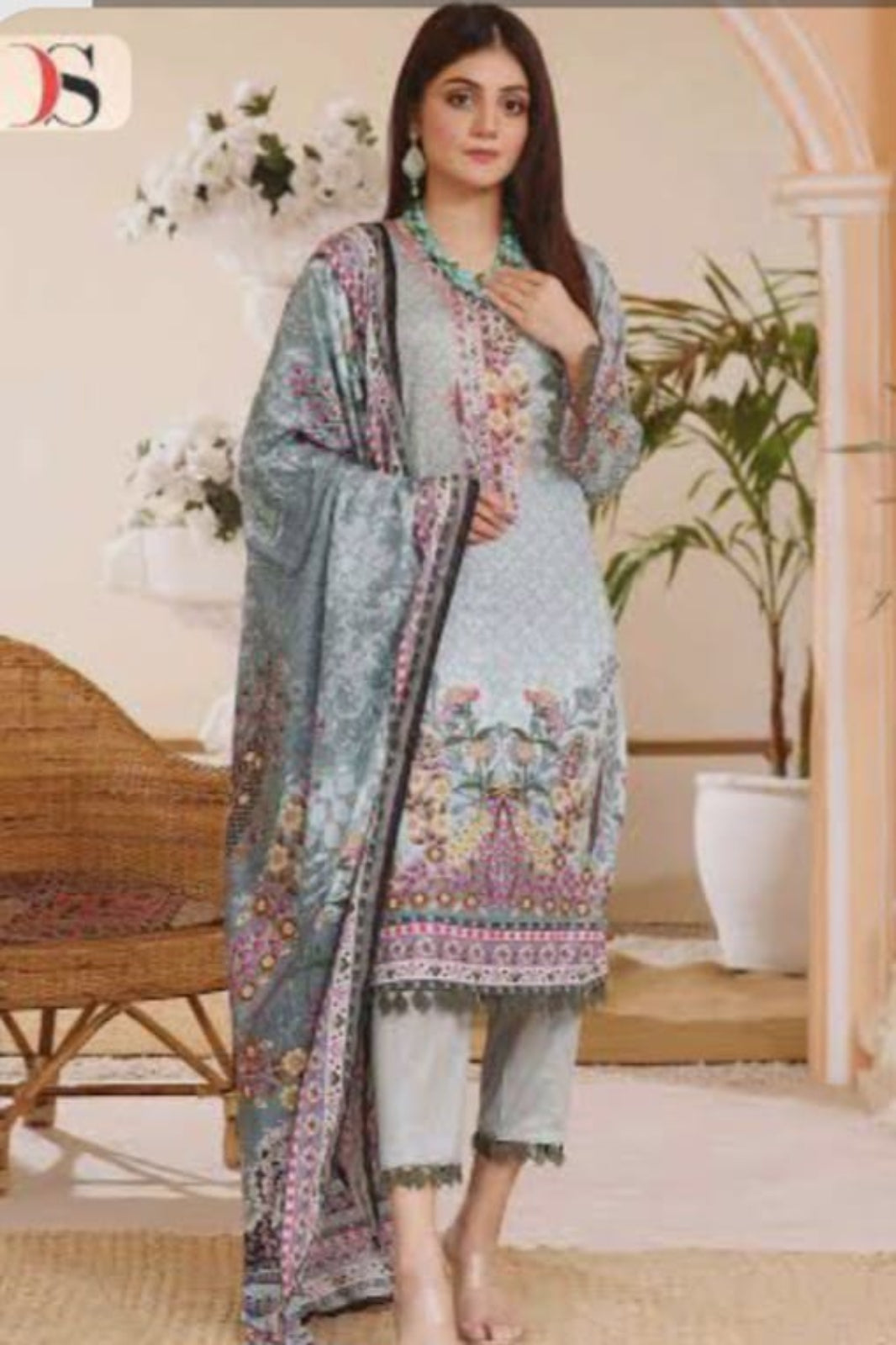 Firdous light blue unstitched suit with pure cotton print and self-embroidery