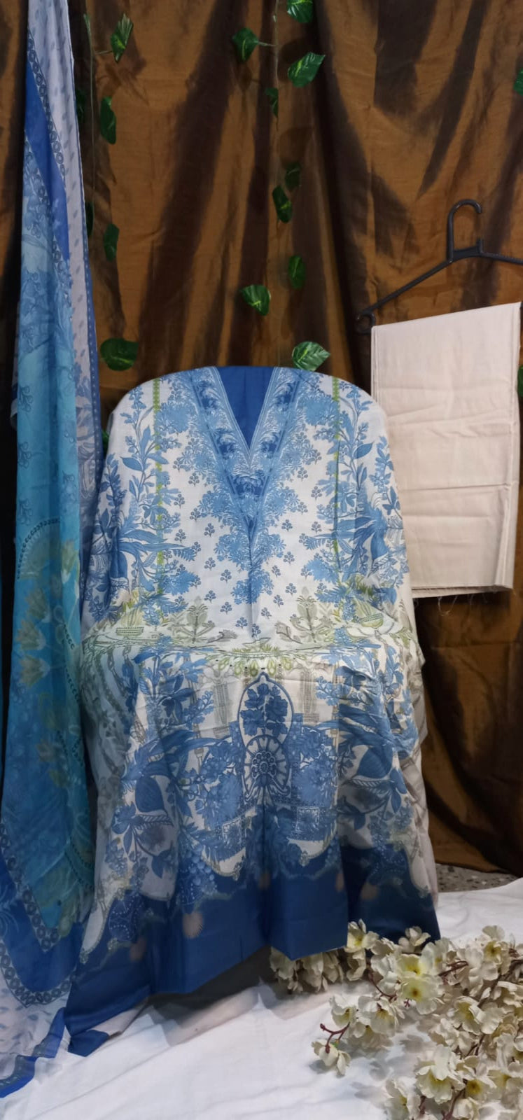 Office Wear Cream Blue Suit-Unstitched