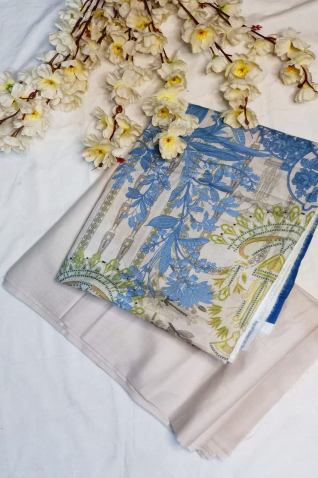 Office Wear Cream Blue Suit-Unstitched