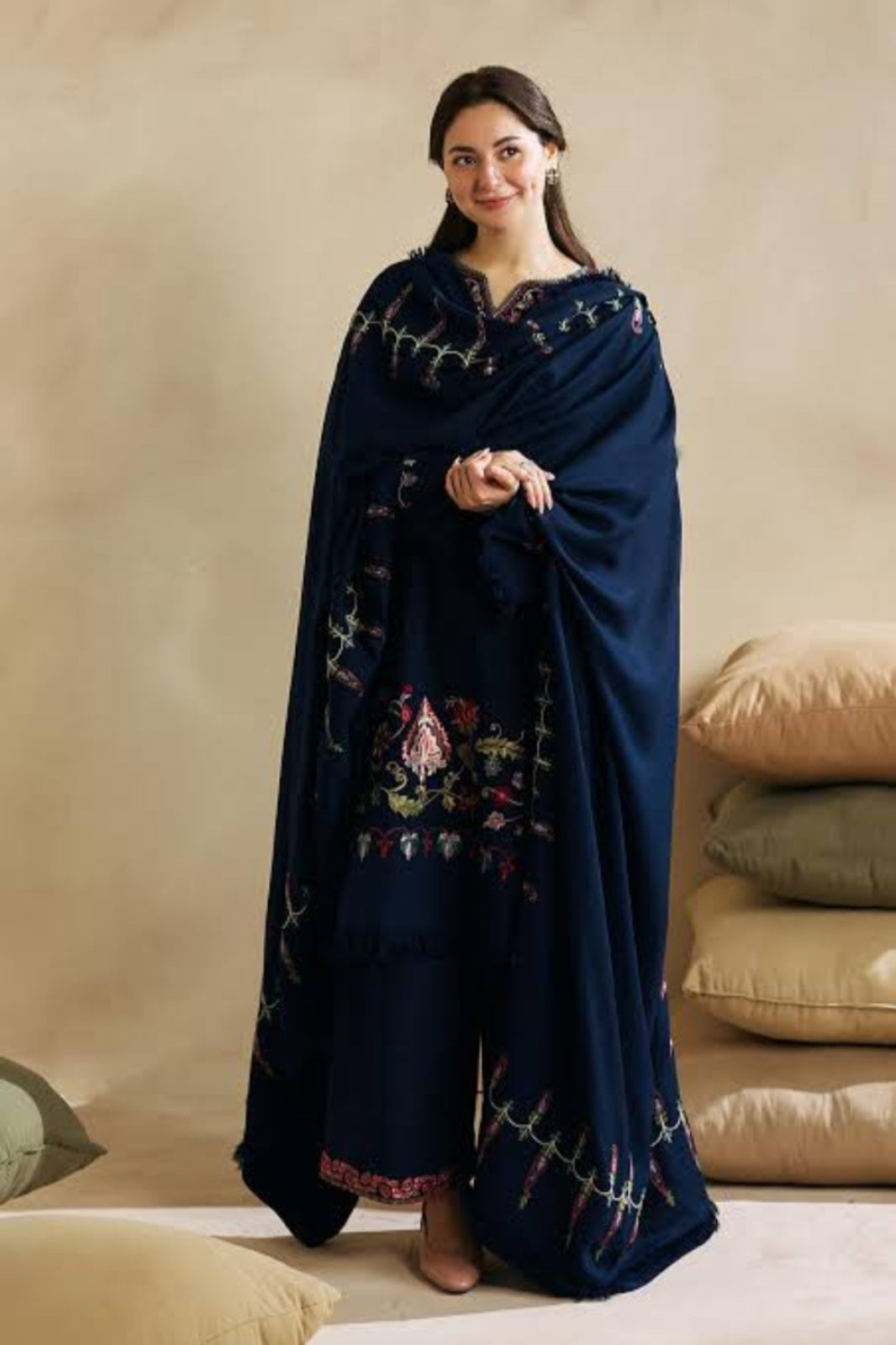 Coco Dark Navy Blue Suit - Embroidered Khaddar Linen Unstitched 3-Piece Suit



